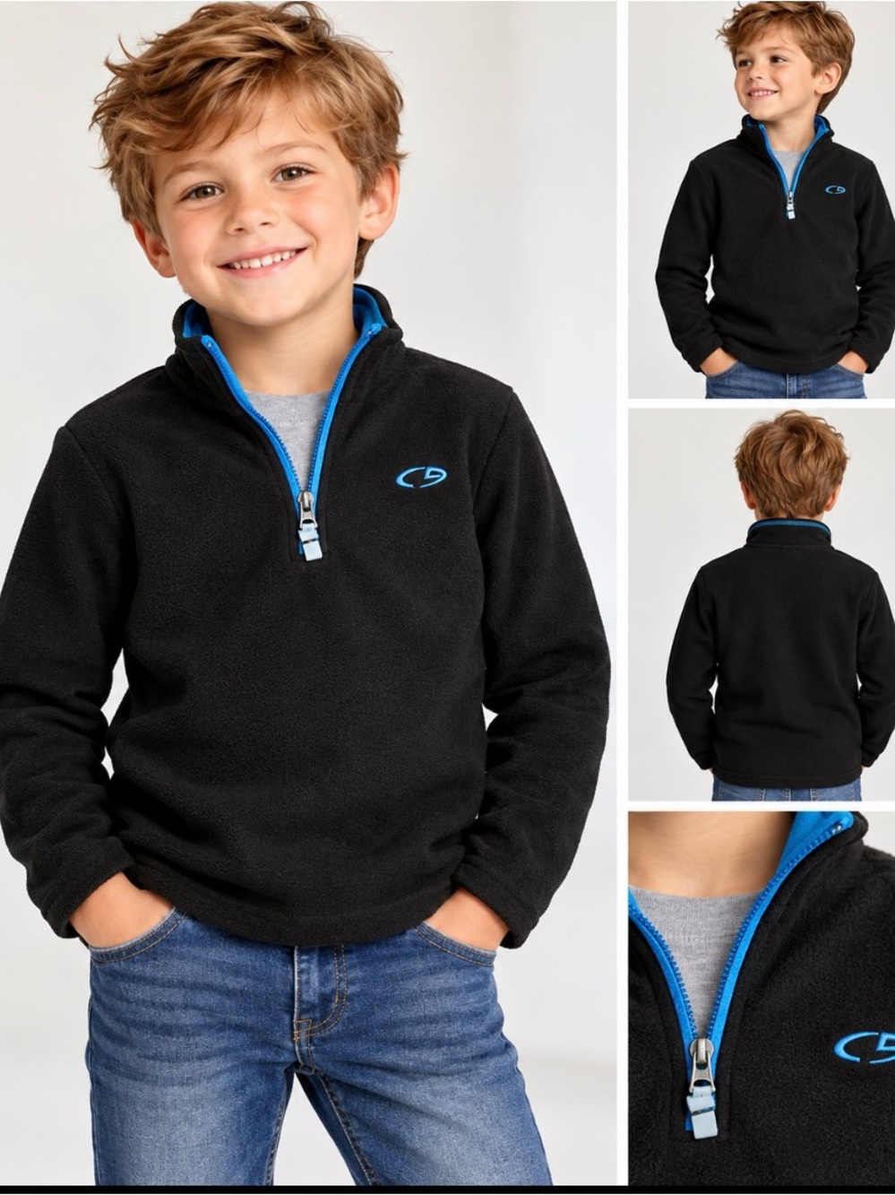 Champion Kids XS 4-5 Black Fleece 1/4 Zip Pullover Blue Trim Outdoor Activewear
